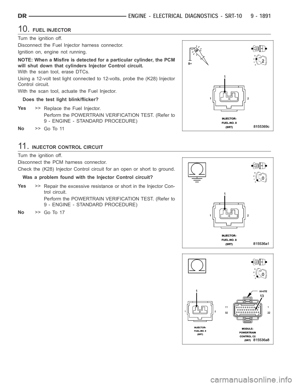 DODGE RAM SRT-10 2006  Service Repair Manual 10.FUEL INJECTOR
Turn the ignition off.
Disconnect the Fuel Injector harness connector.
Ignition on, engine not running.
NOTE: When a Misfire is detected for a particular cylinder, the PCM
will shut d