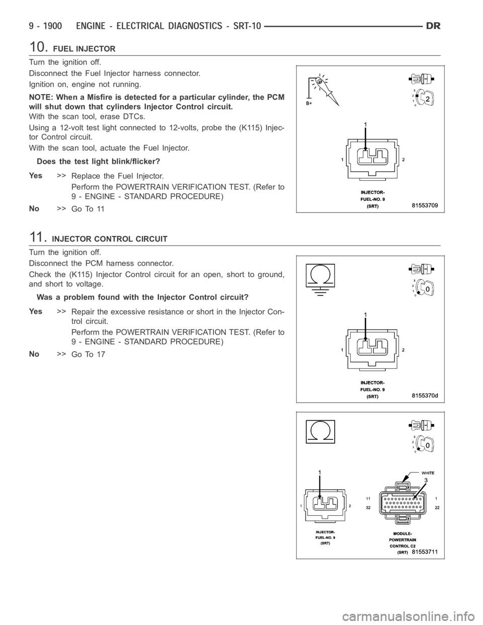 DODGE RAM SRT-10 2006 Service Repair Manual 10.FUEL INJECTOR
Turn the ignition off.
Disconnect the Fuel Injector harness connector.
Ignition on, engine not running.
NOTE: When a Misfire is detected for a particular cylinder, the PCM
will shut d DODGE RAM SRT-10 2006 Service Repair Manual 10.FUEL INJECTOR
Turn the ignition off.
Disconnect the Fuel Injector harness connector.
Ignition on, engine not running.
NOTE: When a Misfire is detected for a particular cylinder, the PCM
will shut d