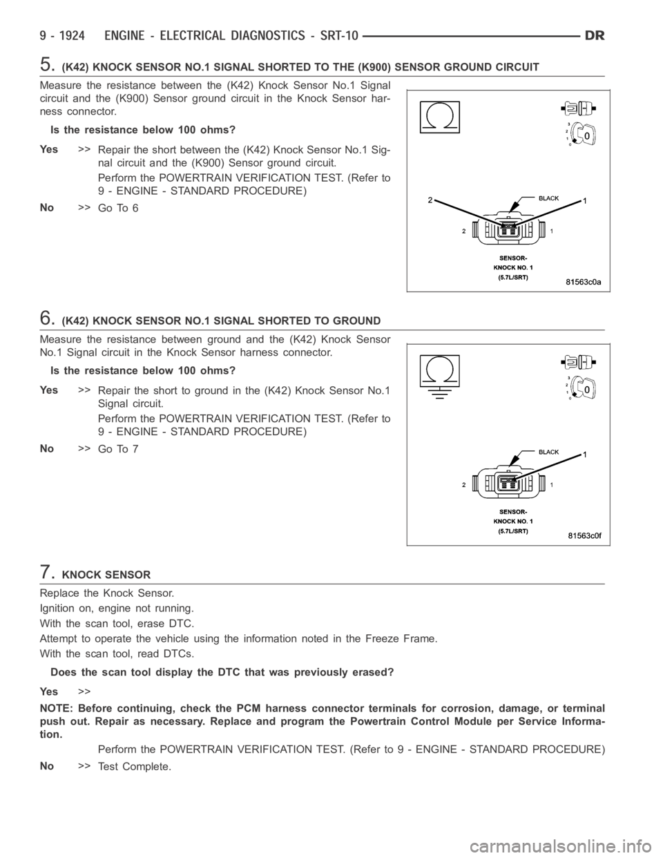DODGE RAM SRT-10 2006 Service Repair Manual 5.(K42) KNOCK SENSOR NO.1 SIGNAL SHORTED TO THE (K900) SENSOR GROUND CIRCUIT
Measure the resistance between the (K42) Knock Sensor No.1 Signal
circuit and the (K900) Sensor ground circuit in the Knock DODGE RAM SRT-10 2006 Service Repair Manual 5.(K42) KNOCK SENSOR NO.1 SIGNAL SHORTED TO THE (K900) SENSOR GROUND CIRCUIT
Measure the resistance between the (K42) Knock Sensor No.1 Signal
circuit and the (K900) Sensor ground circuit in the Knock