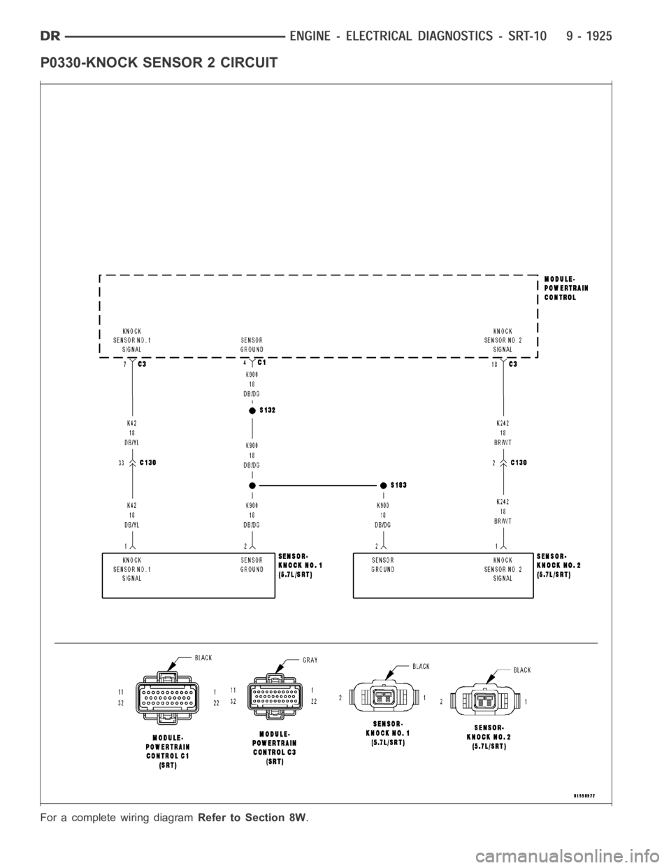 DODGE RAM SRT-10 2006  Service Repair Manual P0330-KNOCK SENSOR 2 CIRCUIT
For a complete wiring diagramRefer to Section 8W. 