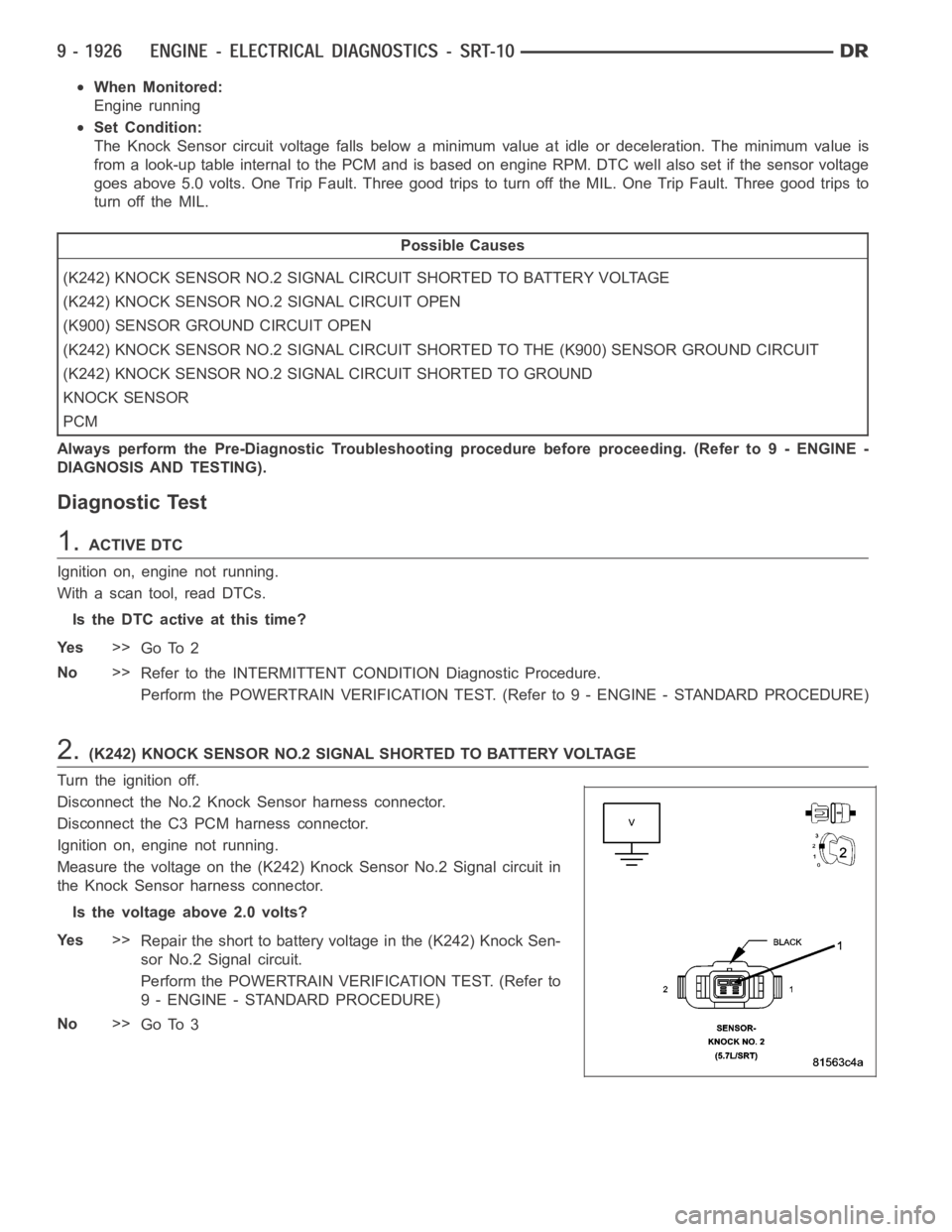 DODGE RAM SRT-10 2006 Service Repair Manual When Monitored:
Engine running
Set Condition:
The Knock Sensor circuit voltage falls below a minimum value at idle or deceleration. The minimum value is
from a look-up table internal to the PCM and is DODGE RAM SRT-10 2006 Service Repair Manual When Monitored:
Engine running
Set Condition:
The Knock Sensor circuit voltage falls below a minimum value at idle or deceleration. The minimum value is
from a look-up table internal to the PCM and is