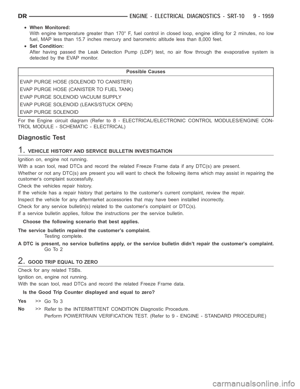 DODGE RAM SRT-10 2006 Service Repair Manual When Monitored:
With engine temperature greater than 170° F, fuel control in closed loop, engine idling for 2 minutes, no low
fuel, MAP less than 15.7 inches mercury and barometric altitude less than DODGE RAM SRT-10 2006 Service Repair Manual When Monitored:
With engine temperature greater than 170° F, fuel control in closed loop, engine idling for 2 minutes, no low
fuel, MAP less than 15.7 inches mercury and barometric altitude less than