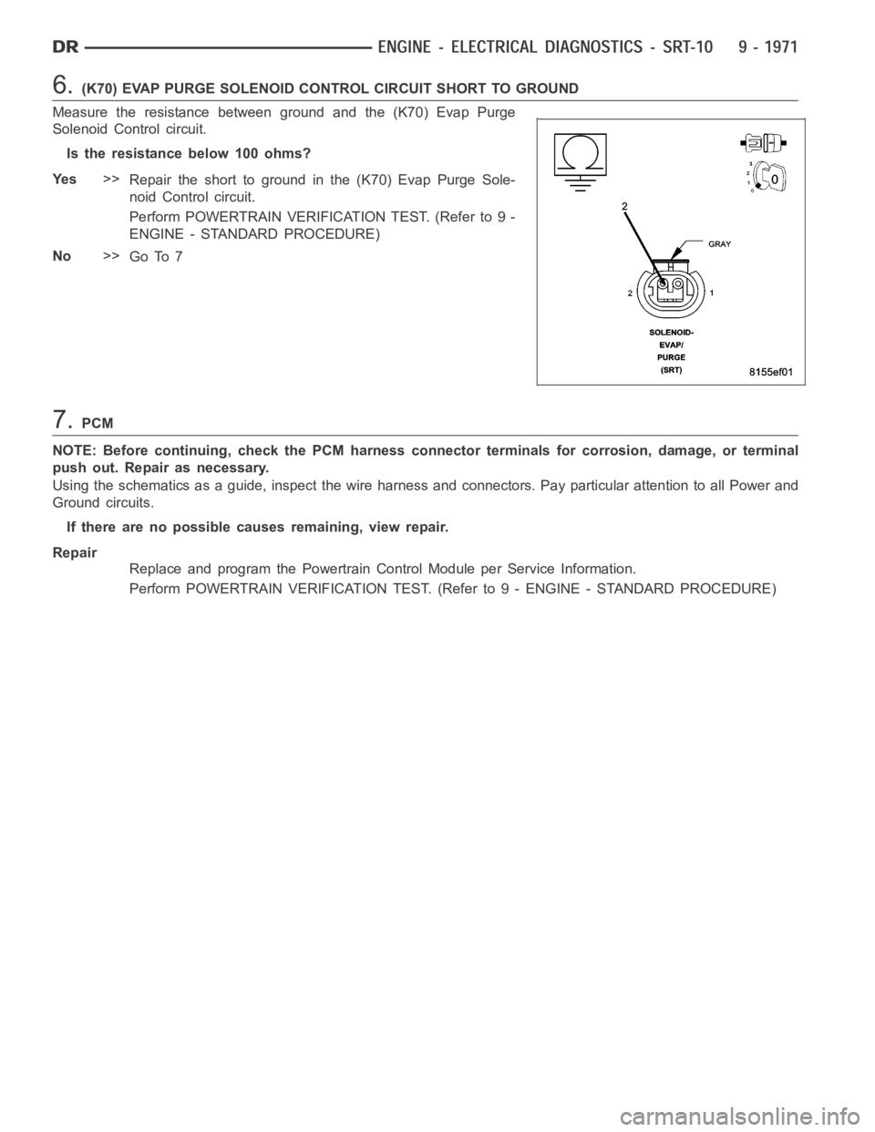 DODGE RAM SRT-10 2006  Service Repair Manual 6.(K70) EVAP PURGE SOLENOID CONTROL CIRCUIT SHORT TO GROUND
Measure the resistance between ground and the (K70) Evap Purge
Solenoid Control circuit.
Istheresistancebelow100ohms?
Ye s>>
Repair the shor