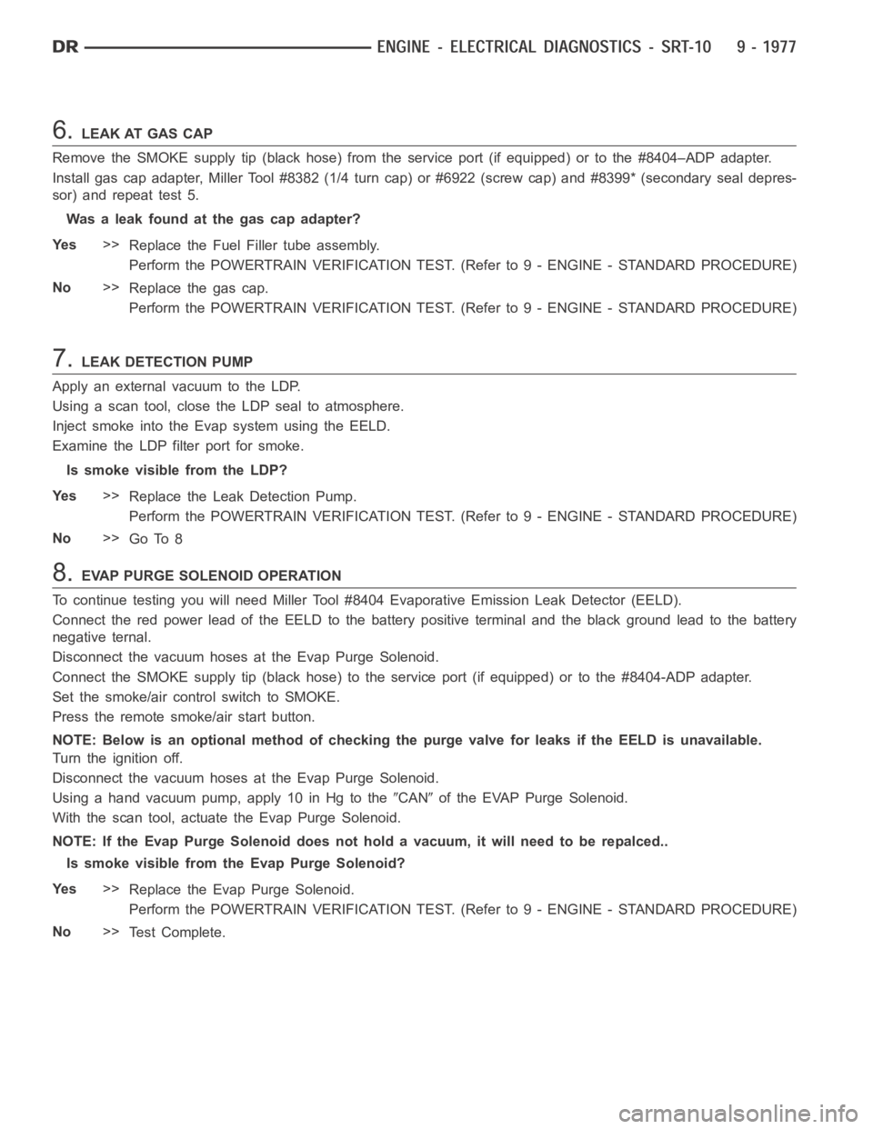 DODGE RAM SRT-10 2006  Service Repair Manual 6.LEAK AT GAS CAP
Remove the SMOKE supply tip (black hose) from the service port (if equipped) or to the #8404–ADP adapter.
Install gas cap adapter, Miller Tool #8382 (1/4 turn cap) or #6922 (screw 