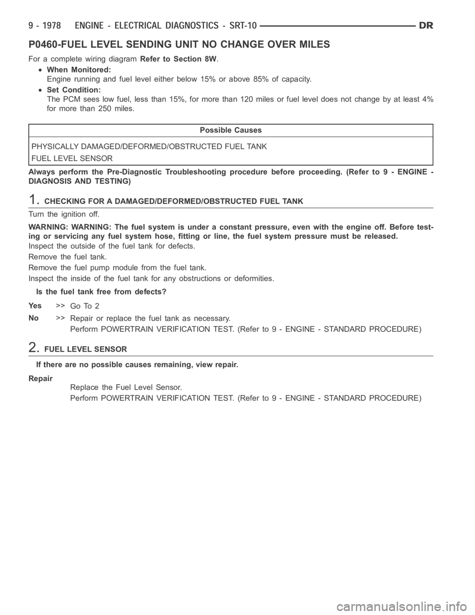 DODGE RAM SRT-10 2006 Service Repair Manual P0460-FUEL LEVEL SENDING UNIT NO CHANGE OVER MILES
For a complete wiring diagramRefer to Section 8W.
When Monitored:
Engine running and fuel level either below 15% or above 85% of capacity.
Set Condit DODGE RAM SRT-10 2006 Service Repair Manual P0460-FUEL LEVEL SENDING UNIT NO CHANGE OVER MILES
For a complete wiring diagramRefer to Section 8W.
When Monitored:
Engine running and fuel level either below 15% or above 85% of capacity.
Set Condit