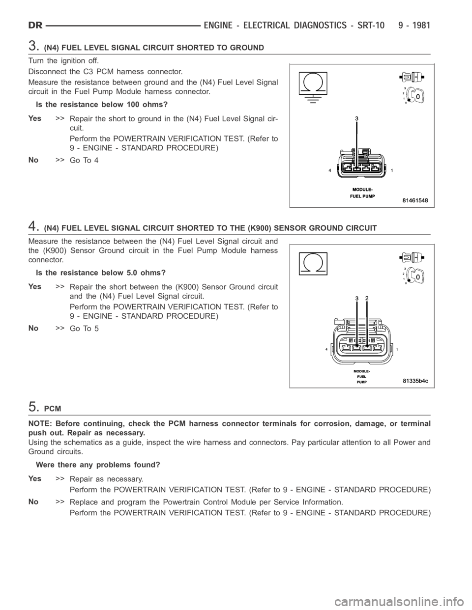 DODGE RAM SRT-10 2006 Service Repair Manual 3.(N4) FUEL LEVEL SIGNAL CIRCUIT SHORTED TO GROUND
Turn the ignition off.
Disconnect the C3 PCM harness connector.
Measure the resistance between ground and the (N4) Fuel Level Signal
circuit in the F DODGE RAM SRT-10 2006 Service Repair Manual 3.(N4) FUEL LEVEL SIGNAL CIRCUIT SHORTED TO GROUND
Turn the ignition off.
Disconnect the C3 PCM harness connector.
Measure the resistance between ground and the (N4) Fuel Level Signal
circuit in the F