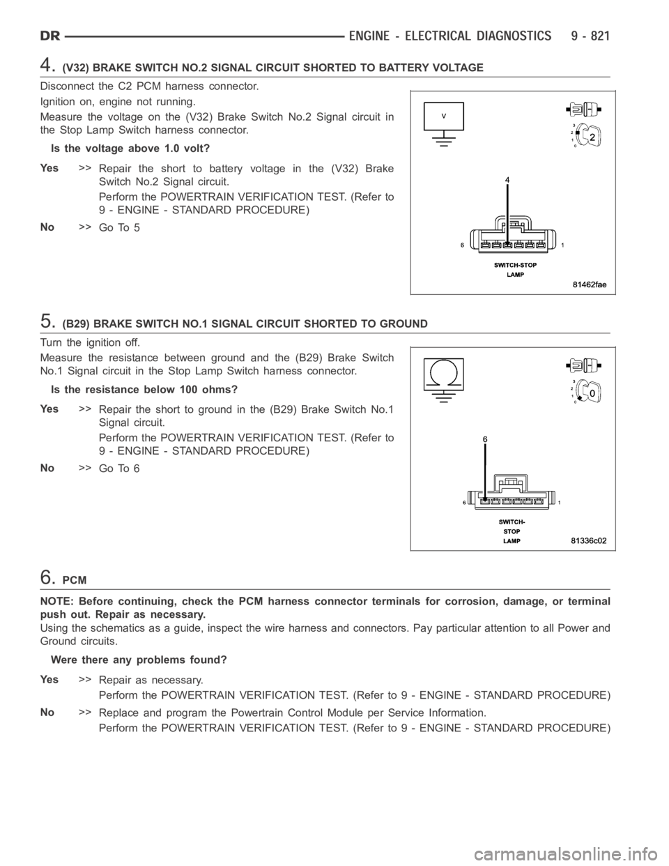 DODGE RAM SRT-10 2006 Service Repair Manual 4.(V32) BRAKE SWITCH NO.2 SIGNAL CIRCUIT SHORTED TO BATTERY VOLTAGE
Disconnect the C2 PCM harness connector.
Ignition on, engine not running.
Measure the voltage on the (V32) Brake Switch No.2 Signal DODGE RAM SRT-10 2006 Service Repair Manual 4.(V32) BRAKE SWITCH NO.2 SIGNAL CIRCUIT SHORTED TO BATTERY VOLTAGE
Disconnect the C2 PCM harness connector.
Ignition on, engine not running.
Measure the voltage on the (V32) Brake Switch No.2 Signal