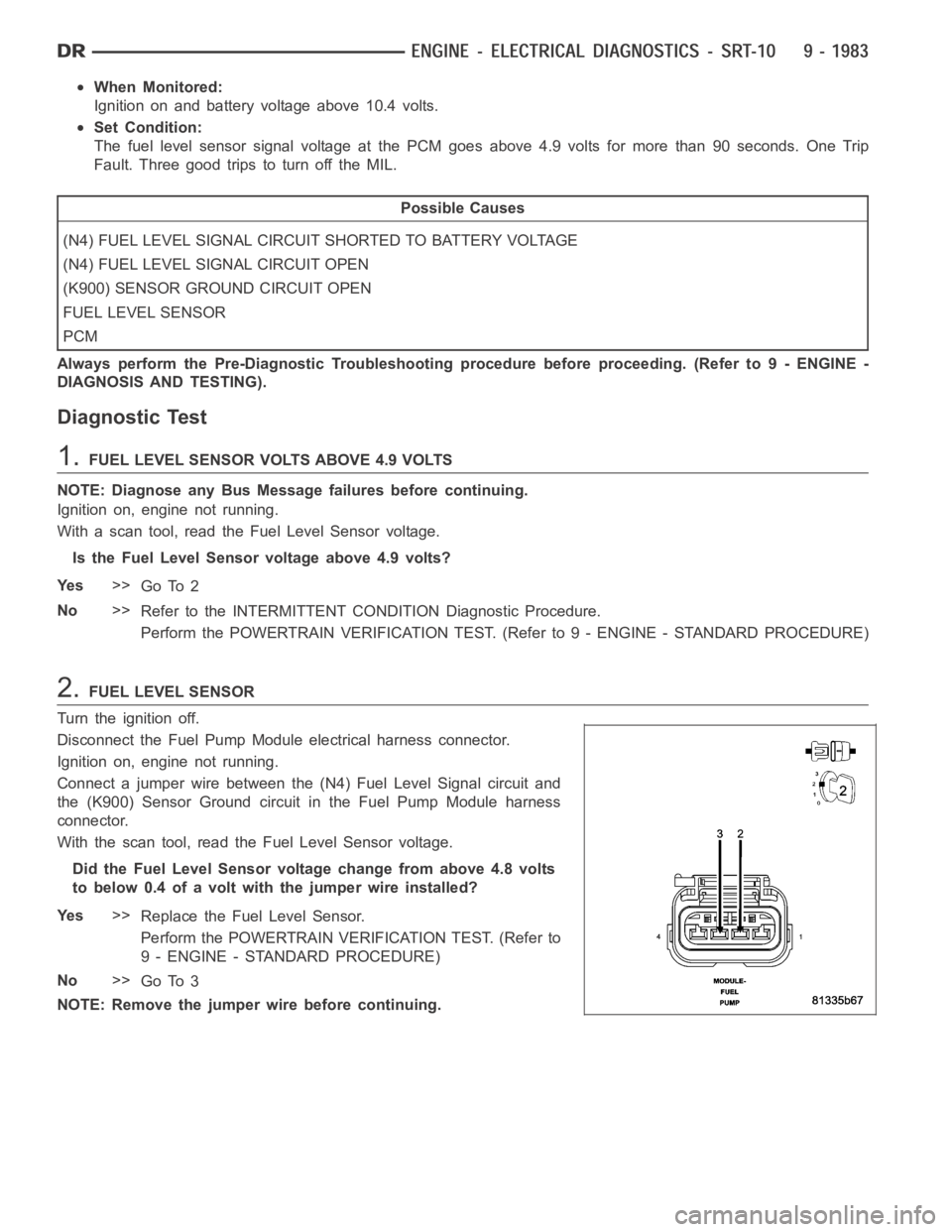 DODGE RAM SRT-10 2006 Service Repair Manual When Monitored:
Ignition on and battery voltage above 10.4 volts.
Set Condition:
The fuel level sensor signal voltage at the PCM goes above 4.9 volts for morethan 90 seconds. One Trip
Fault. Three goo DODGE RAM SRT-10 2006 Service Repair Manual When Monitored:
Ignition on and battery voltage above 10.4 volts.
Set Condition:
The fuel level sensor signal voltage at the PCM goes above 4.9 volts for morethan 90 seconds. One Trip
Fault. Three goo