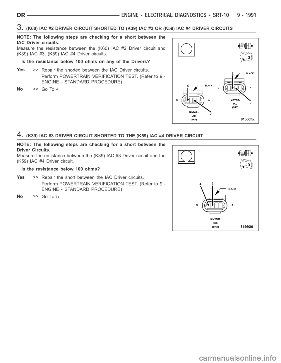 DODGE RAM SRT-10 2006  Service Repair Manual 3.(K60) IAC #2 DRIVER CIRCUIT SHORTED TO (K39) IAC #3 OR (K59) IAC #4 DRIVER CIRCUITS
NOTE: The following steps are checking for a short between the
IAC Driver circuits.
Measure the resistance between