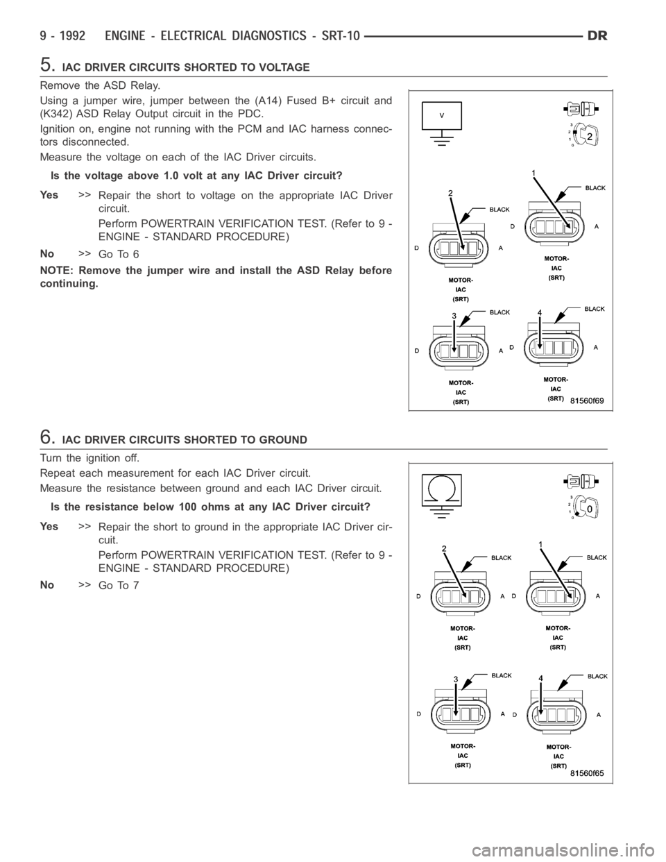 DODGE RAM SRT-10 2006  Service Repair Manual 5.IAC DRIVER CIRCUITS SHORTED TO VOLTAGE
Remove the ASD Relay.
Using a jumper wire, jumper between the (A14) Fused B+ circuit and
(K342) ASD Relay Output circuit in the PDC.
Ignition on, engine not ru