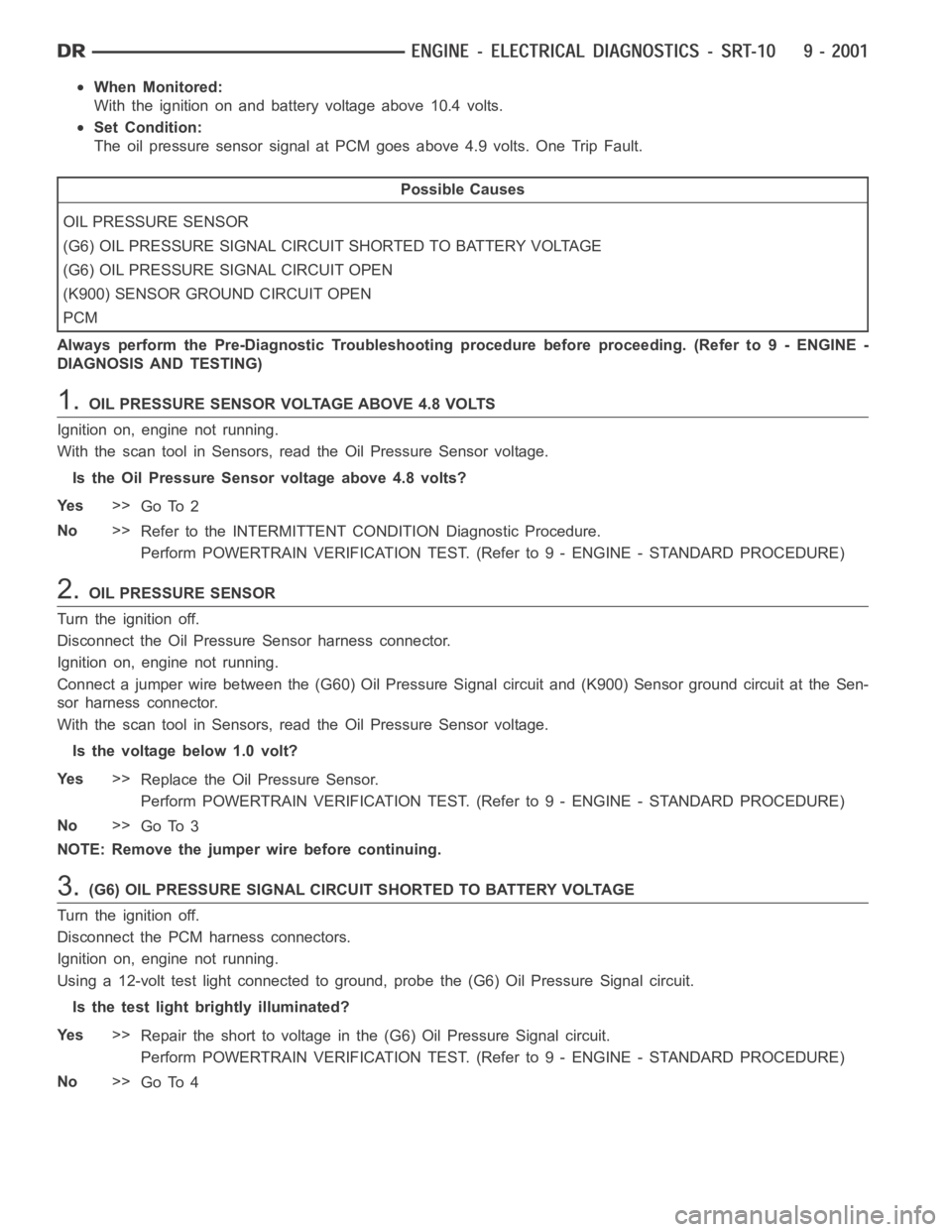 DODGE RAM SRT-10 2006 Service Repair Manual When Monitored:
With the ignition on and battery voltage above 10.4 volts.
Set Condition:
The oil pressure sensor signal at PCM goes above 4.9 volts. One Trip Fault.
Possible Causes
OIL PRESSURE SENSO DODGE RAM SRT-10 2006 Service Repair Manual When Monitored:
With the ignition on and battery voltage above 10.4 volts.
Set Condition:
The oil pressure sensor signal at PCM goes above 4.9 volts. One Trip Fault.
Possible Causes
OIL PRESSURE SENSO