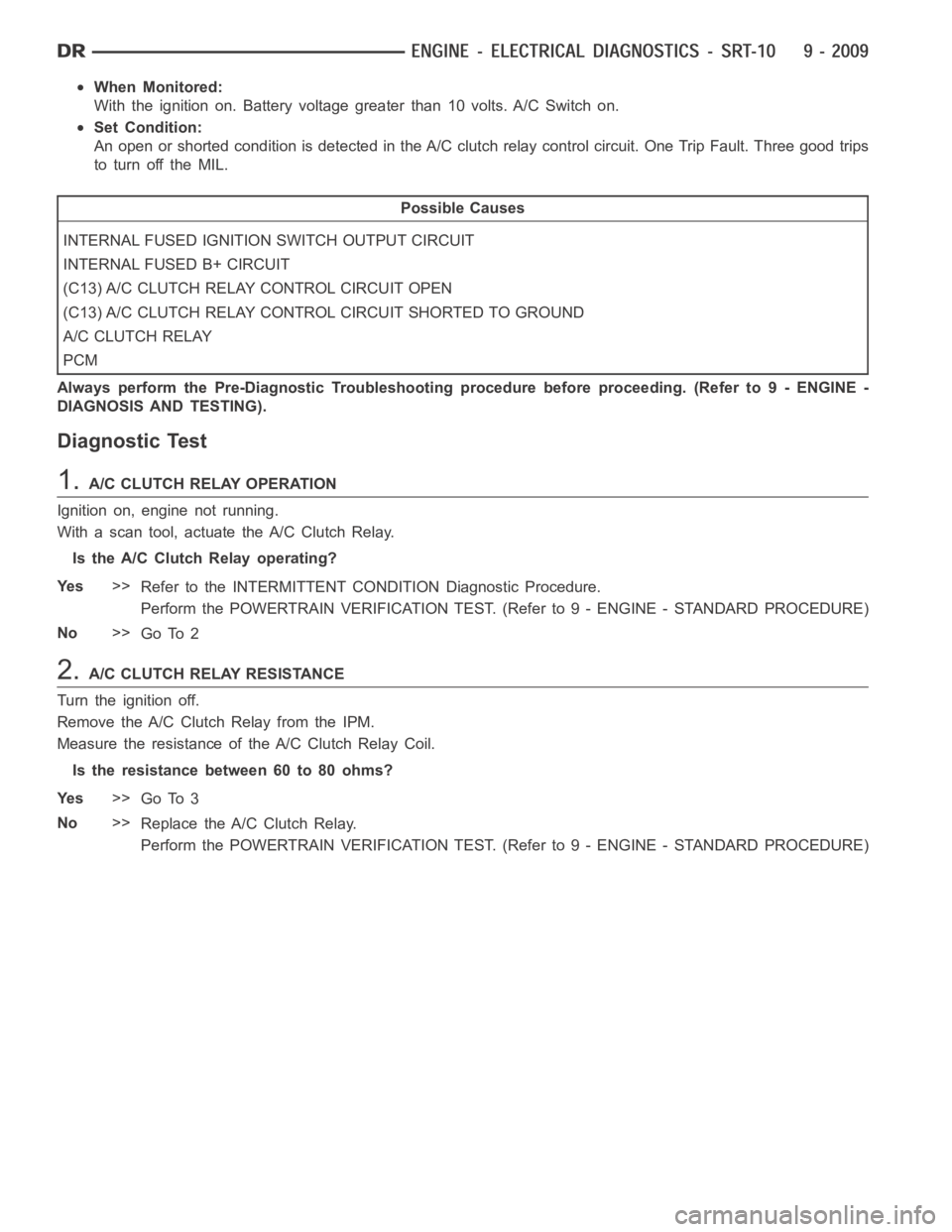 DODGE RAM SRT-10 2006 Service Repair Manual When Monitored:
With the ignition on. Battery voltage greater than 10 volts. A/C Switch on.
Set Condition:
An open or shorted condition is detected in the A/C clutch relay control circuit. One Trip Fa DODGE RAM SRT-10 2006 Service Repair Manual When Monitored:
With the ignition on. Battery voltage greater than 10 volts. A/C Switch on.
Set Condition:
An open or shorted condition is detected in the A/C clutch relay control circuit. One Trip Fa