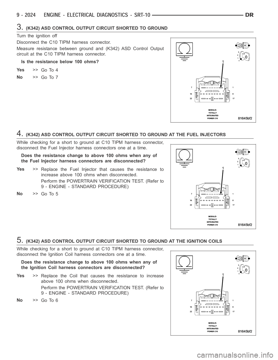 DODGE RAM SRT-10 2006  Service Repair Manual 3.(K342) ASD CONTROL OUTPUT CIRCUIT SHORTED TO GROUND
Turn the ignition off
Disconnect the C10 TIPM harness connector.
Measure resistance between ground and (K342) ASD Control Output
circuit at the C1