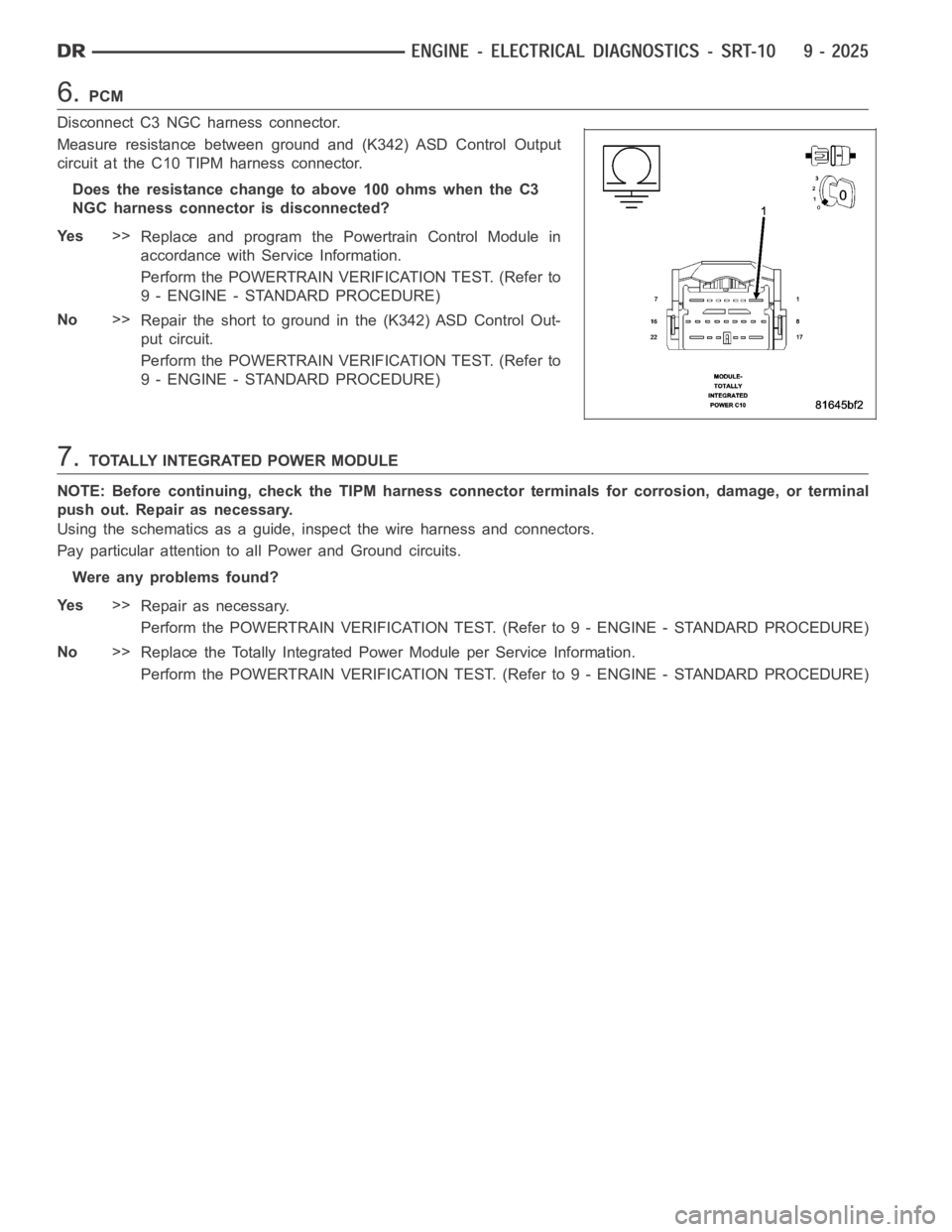 DODGE RAM SRT-10 2006 Service Repair Manual 6.PCM
Disconnect C3 NGC harness connector.
Measure resistance between ground and (K342) ASD Control Output
circuit at the C10 TIPM harness connector.
Does the resistance change to above 100 ohms when DODGE RAM SRT-10 2006 Service Repair Manual 6.PCM
Disconnect C3 NGC harness connector.
Measure resistance between ground and (K342) ASD Control Output
circuit at the C10 TIPM harness connector.
Does the resistance change to above 100 ohms when
