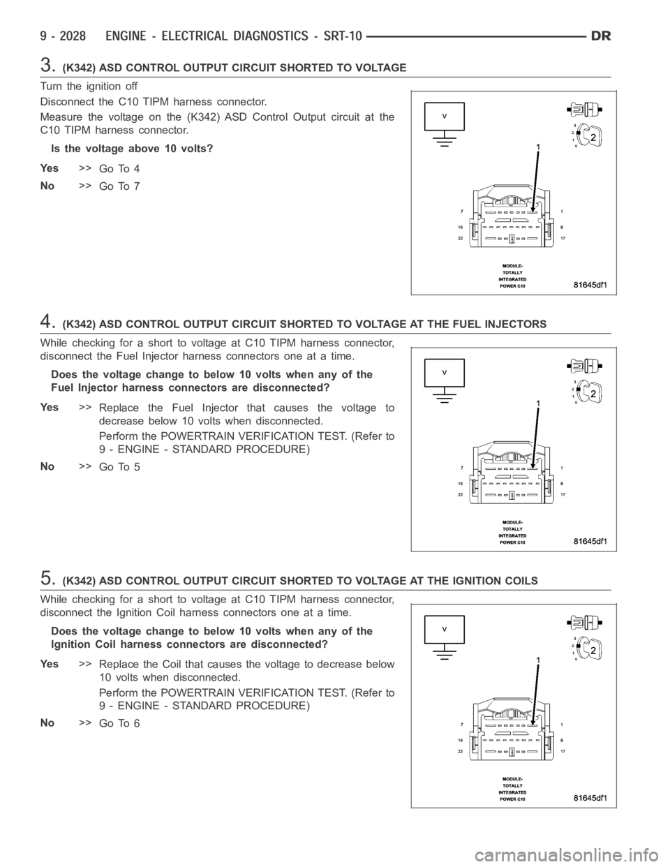 DODGE RAM SRT-10 2006  Service Repair Manual 3.(K342) ASD CONTROL OUTPUT CIRCUIT SHORTED TO VOLTAGE
Turn the ignition off
Disconnect the C10 TIPM harness connector.
Measure the voltage on the (K342) ASD Control Output circuit at the
C10 TIPM har