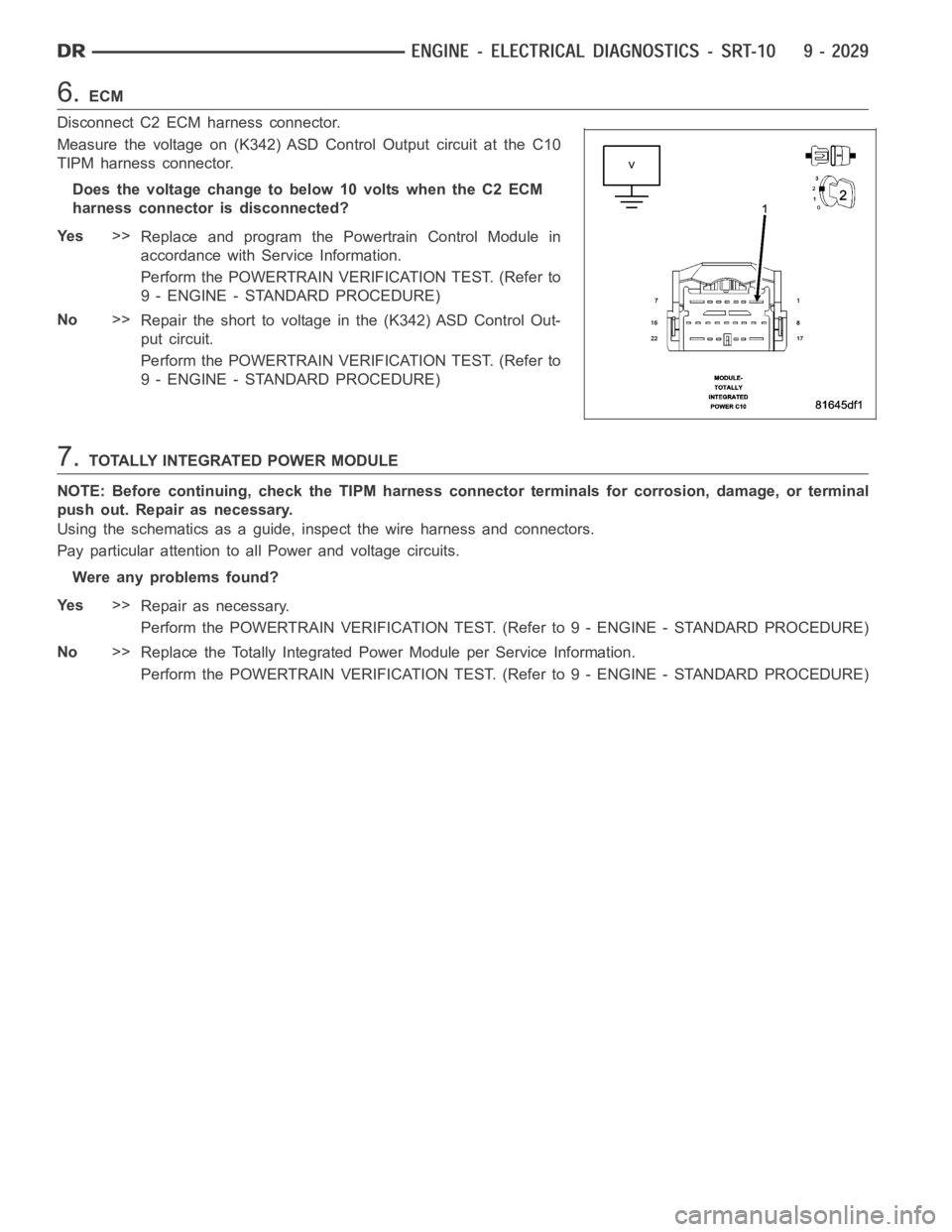 DODGE RAM SRT-10 2006 Service Repair Manual 6.ECM
Disconnect C2 ECM harness connector.
Measure the voltage on (K342) ASD Control Output circuit at the C10
TIPM harness connector.
Does the voltage change to below 10 volts when the C2 ECM
harness DODGE RAM SRT-10 2006 Service Repair Manual 6.ECM
Disconnect C2 ECM harness connector.
Measure the voltage on (K342) ASD Control Output circuit at the C10
TIPM harness connector.
Does the voltage change to below 10 volts when the C2 ECM
harness