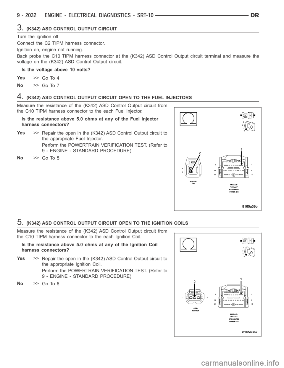 DODGE RAM SRT-10 2006 Service Repair Manual 3.(K342) ASD CONTROL OUTPUT CIRCUIT
Turn the ignition off
Connect the C2 TIPM harness connector.
Ignition on, engine not running.
Back probe the C10 TIPM harness connector at the (K342) ASD Control Ou DODGE RAM SRT-10 2006 Service Repair Manual 3.(K342) ASD CONTROL OUTPUT CIRCUIT
Turn the ignition off
Connect the C2 TIPM harness connector.
Ignition on, engine not running.
Back probe the C10 TIPM harness connector at the (K342) ASD Control Ou