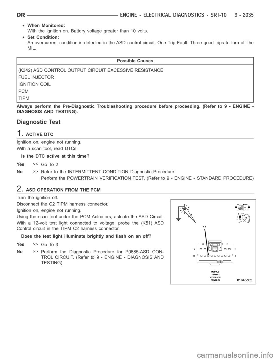 DODGE RAM SRT-10 2006 Service Repair Manual When Monitored:
With the ignition on. Battery voltage greater than 10 volts.
Set Condition:
An overcurrent condition is detected in the ASD control circuit. One Trip Fault. Three good trips to turn of DODGE RAM SRT-10 2006 Service Repair Manual When Monitored:
With the ignition on. Battery voltage greater than 10 volts.
Set Condition:
An overcurrent condition is detected in the ASD control circuit. One Trip Fault. Three good trips to turn of