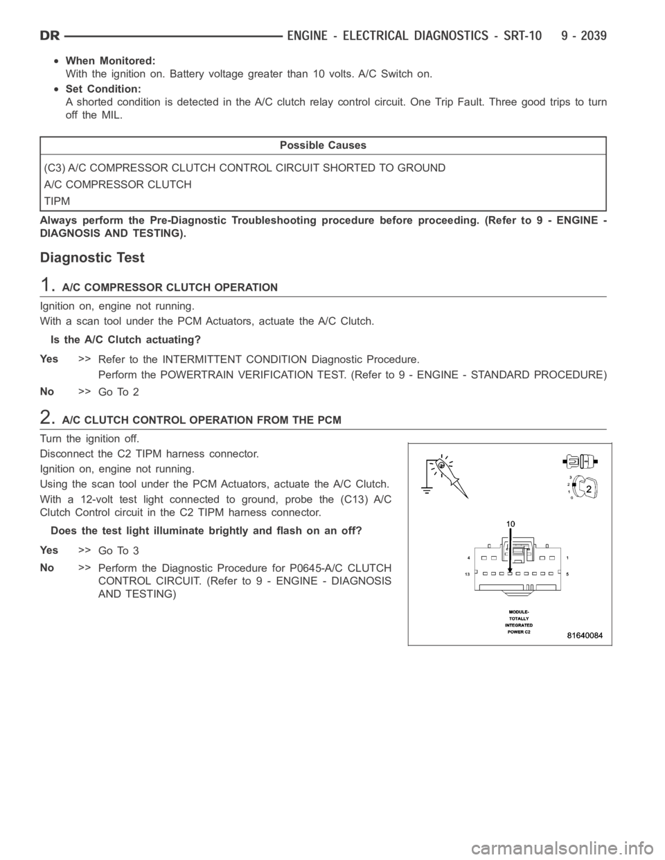 DODGE RAM SRT-10 2006 Service Repair Manual When Monitored:
With the ignition on. Battery voltage greater than 10 volts. A/C Switch on.
Set Condition:
A shorted condition is detected in the A/C clutch relay control circuit. One Trip Fault. Thre DODGE RAM SRT-10 2006 Service Repair Manual When Monitored:
With the ignition on. Battery voltage greater than 10 volts. A/C Switch on.
Set Condition:
A shorted condition is detected in the A/C clutch relay control circuit. One Trip Fault. Thre