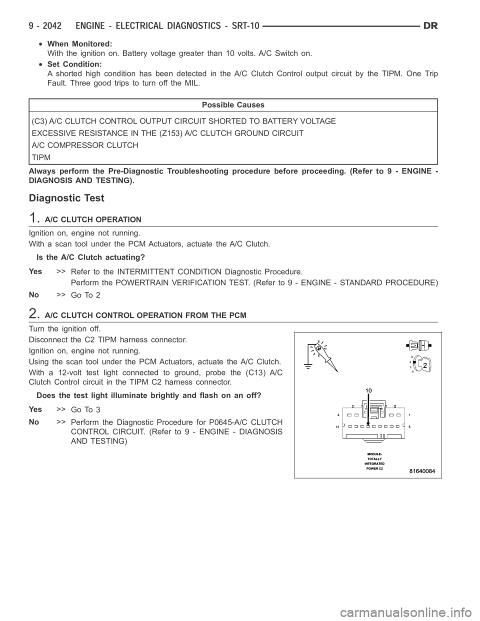 DODGE RAM SRT-10 2006 Service Repair Manual When Monitored:
With the ignition on. Battery voltage greater than 10 volts. A/C Switch on.
Set Condition:
A shorted high condition has been detected in the A/C Clutch Control outputcircuit by the TIP DODGE RAM SRT-10 2006 Service Repair Manual When Monitored:
With the ignition on. Battery voltage greater than 10 volts. A/C Switch on.
Set Condition:
A shorted high condition has been detected in the A/C Clutch Control outputcircuit by the TIP