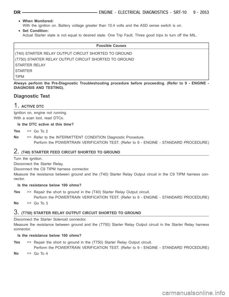 DODGE RAM SRT-10 2006 Service Repair Manual When Monitored:
With the ignition on. Battery voltage greater than 10.4 volts and the ASD sense switch is on.
Set Condition:
Actual Starter state is not equal to desired state. One Trip Fault. Three g DODGE RAM SRT-10 2006 Service Repair Manual When Monitored:
With the ignition on. Battery voltage greater than 10.4 volts and the ASD sense switch is on.
Set Condition:
Actual Starter state is not equal to desired state. One Trip Fault. Three g