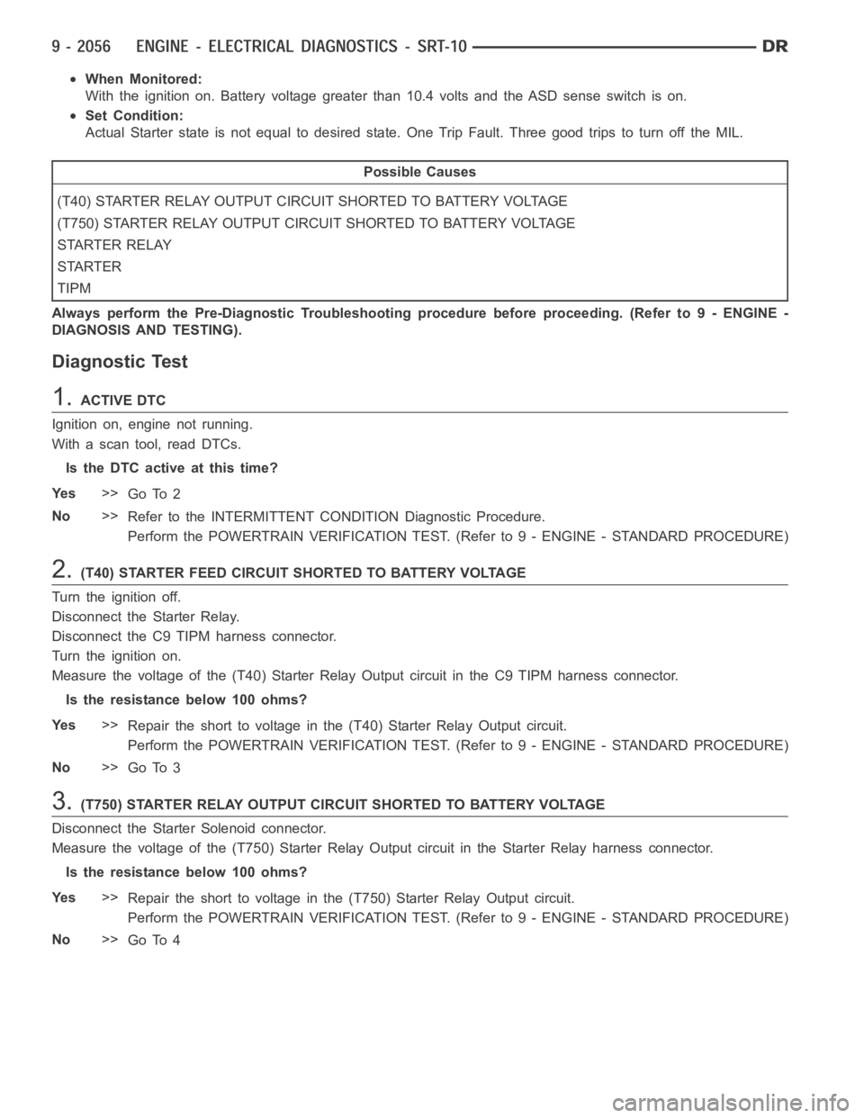 DODGE RAM SRT-10 2006 Service Repair Manual When Monitored:
With the ignition on. Battery voltage greater than 10.4 volts and the ASD sense switch is on.
Set Condition:
Actual Starter state is not equal to desired state. One Trip Fault. Three g DODGE RAM SRT-10 2006 Service Repair Manual When Monitored:
With the ignition on. Battery voltage greater than 10.4 volts and the ASD sense switch is on.
Set Condition:
Actual Starter state is not equal to desired state. One Trip Fault. Three g