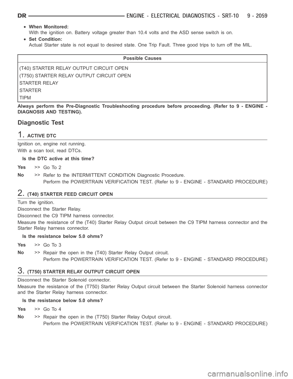 DODGE RAM SRT-10 2006 Service Repair Manual When Monitored:
With the ignition on. Battery voltage greater than 10.4 volts and the ASD sense switch is on.
Set Condition:
Actual Starter state is not equal to desired state. One Trip Fault. Three g DODGE RAM SRT-10 2006 Service Repair Manual When Monitored:
With the ignition on. Battery voltage greater than 10.4 volts and the ASD sense switch is on.
Set Condition:
Actual Starter state is not equal to desired state. One Trip Fault. Three g