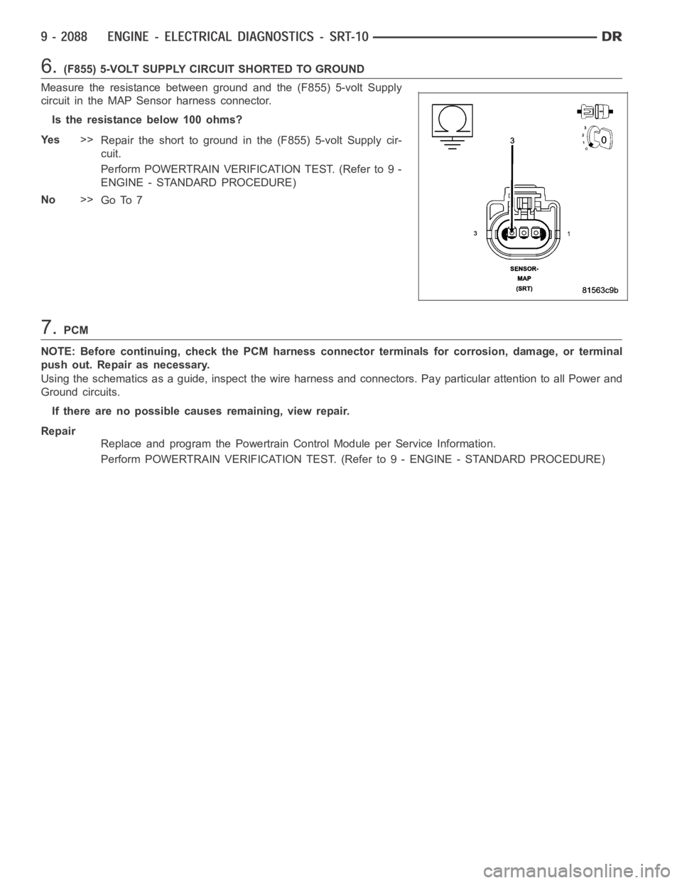 DODGE RAM SRT-10 2006  Service Repair Manual 6.(F855) 5-VOLT SUPPLY CIRCUIT SHORTED TO GROUND
Measure the resistance between ground and the (F855) 5-volt Supply
circuit in the MAP Sensor harness connector.
Istheresistancebelow100ohms?
Ye s>>
Rep