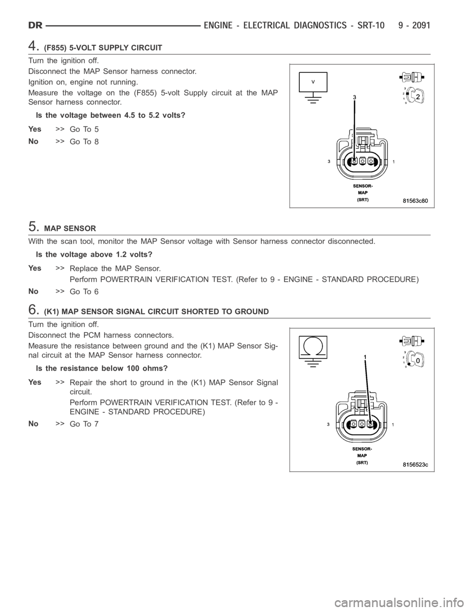 DODGE RAM SRT-10 2006  Service Repair Manual 4.(F855) 5-VOLT SUPPLY CIRCUIT
Turn the ignition off.
Disconnect the MAP Sensor harness connector.
Ignition on, engine not running.
Measure the voltage on the (F855) 5-volt Supply circuit at the MAP
S
