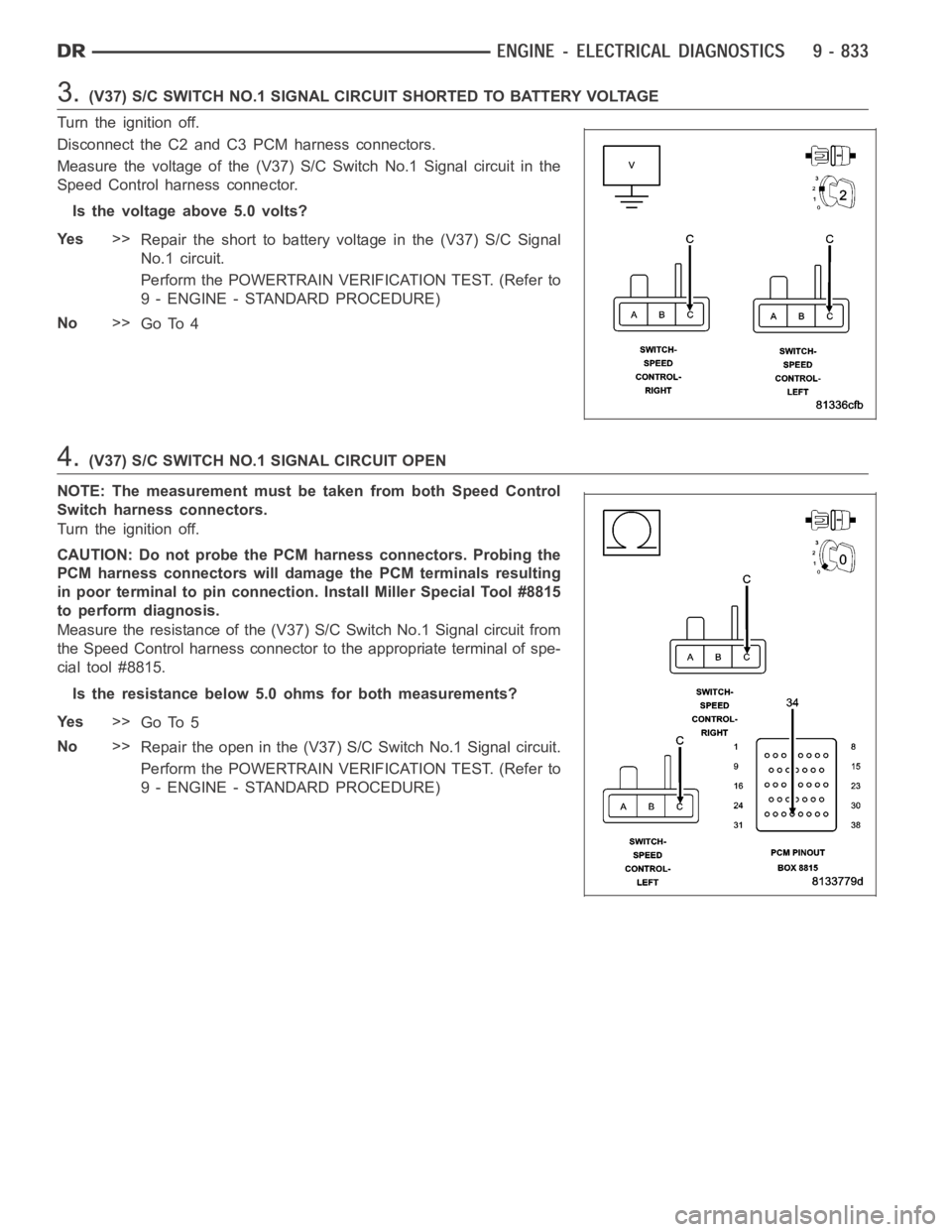 DODGE RAM SRT-10 2006 Service Repair Manual 3.(V37) S/C SWITCH NO.1 SIGNAL CIRCUIT SHORTED TO BATTERY VOLTAGE
Turn the ignition off.
Disconnect the C2 and C3 PCM harness connectors.
Measure the voltage of the (V37) S/C Switch No.1 Signal circui DODGE RAM SRT-10 2006 Service Repair Manual 3.(V37) S/C SWITCH NO.1 SIGNAL CIRCUIT SHORTED TO BATTERY VOLTAGE
Turn the ignition off.
Disconnect the C2 and C3 PCM harness connectors.
Measure the voltage of the (V37) S/C Switch No.1 Signal circui