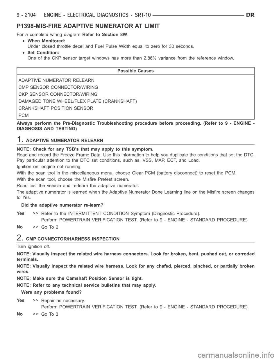DODGE RAM SRT-10 2006 Service Repair Manual P1398-MIS-FIRE ADAPTIVE NUMERATOR AT LIMIT
For a complete wiring diagramRefer to Section 8W.
When Monitored:
Under closed throttle decel and Fuel Pulse Width equal to zero for 30 seconds.
Set Conditio DODGE RAM SRT-10 2006 Service Repair Manual P1398-MIS-FIRE ADAPTIVE NUMERATOR AT LIMIT
For a complete wiring diagramRefer to Section 8W.
When Monitored:
Under closed throttle decel and Fuel Pulse Width equal to zero for 30 seconds.
Set Conditio
