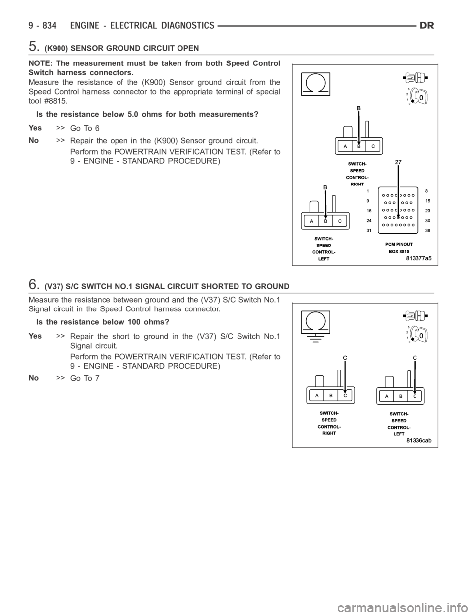 DODGE RAM SRT-10 2006  Service Repair Manual 5.(K900) SENSOR GROUND CIRCUIT OPEN
NOTE: The measurement must be taken from both Speed Control
Switch harness connectors.
Measure the resistance of the (K900) Sensor ground circuit from the
Speed Con