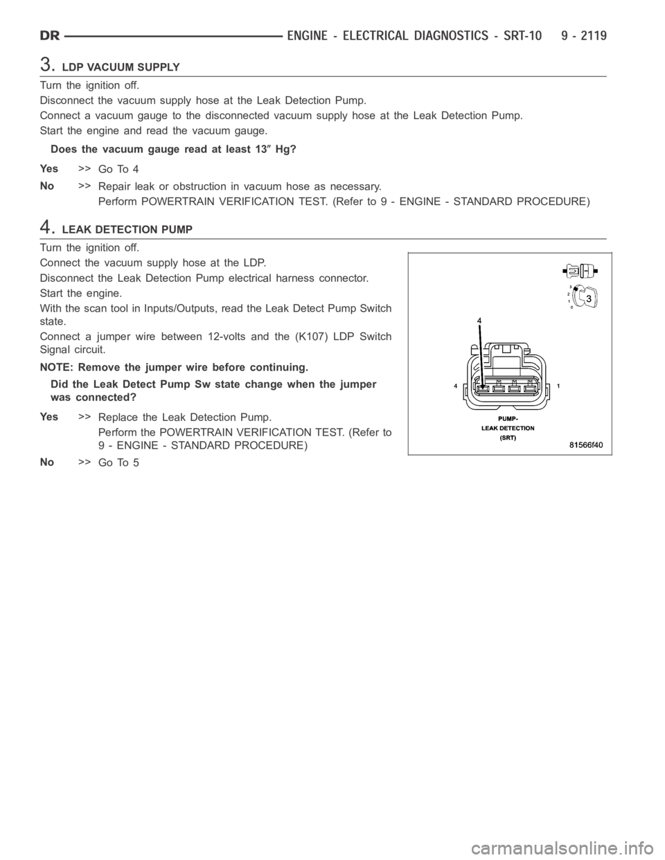 DODGE RAM SRT-10 2006 Service Repair Manual 3.LDP VACUUM SUPPLY
Turn the ignition off.
Disconnect the vacuum supply hose at the Leak Detection Pump.
Connect a vacuum gauge to the disconnected vacuum supply hose at the Leak Detection Pump.
Start DODGE RAM SRT-10 2006 Service Repair Manual 3.LDP VACUUM SUPPLY
Turn the ignition off.
Disconnect the vacuum supply hose at the Leak Detection Pump.
Connect a vacuum gauge to the disconnected vacuum supply hose at the Leak Detection Pump.
Start