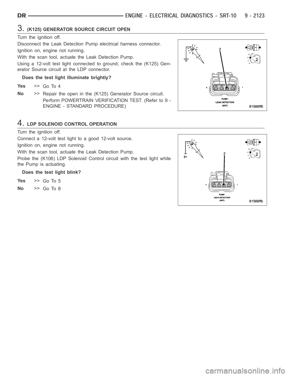 DODGE RAM SRT-10 2006  Service Repair Manual 3.(K125) GENERATOR SOURCE CIRCUIT OPEN
Turn the ignition off.
Disconnect the Leak Detection Pump electrical harness connector.
Ignition on, engine not running.
With the scan tool, actuate the Leak Det