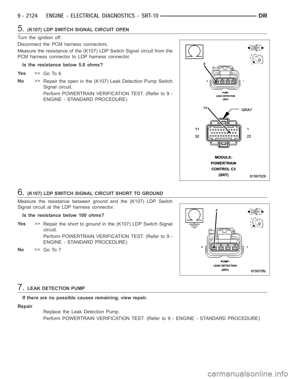 DODGE RAM SRT-10 2006 Service Repair Manual 5.(K107) LDP SWITCH SIGNAL CIRCUIT OPEN
Turn the ignition off.
Disconnect the PCM harness connectors.
Measure the resistance of the (K107) LDP Switch Signal circuit from the
PCM harness connector to L DODGE RAM SRT-10 2006 Service Repair Manual 5.(K107) LDP SWITCH SIGNAL CIRCUIT OPEN
Turn the ignition off.
Disconnect the PCM harness connectors.
Measure the resistance of the (K107) LDP Switch Signal circuit from the
PCM harness connector to L