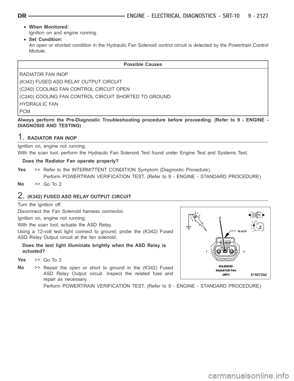 DODGE RAM SRT-10 2006  Service Repair Manual When Monitored:
Ignition on and engine running.
Set Condition:
An open or shorted condition in the Hydraulic Fan Solenoid control circuitis detected by the Powertrain Control
Module.
Possible Causes
R