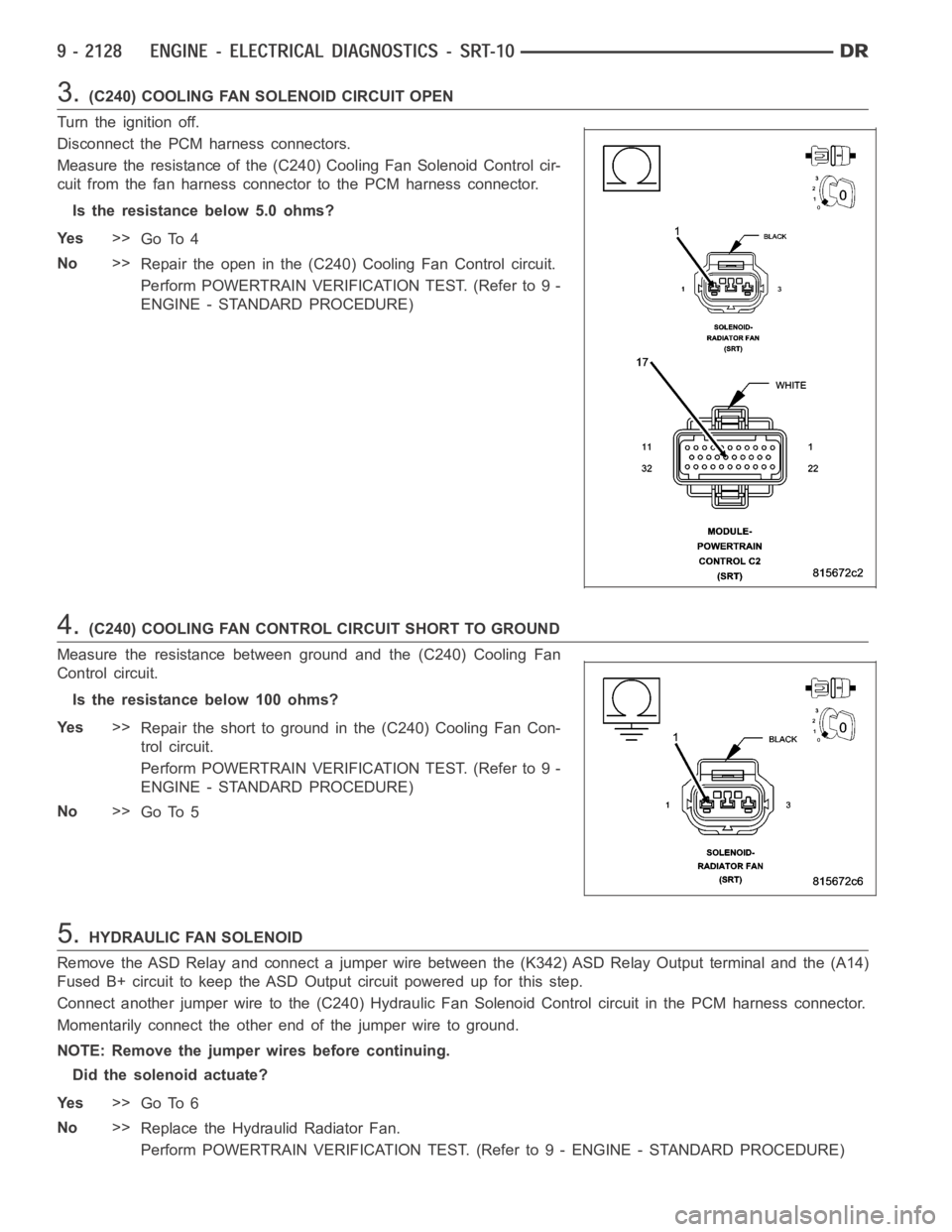 DODGE RAM SRT-10 2006  Service Repair Manual 3.(C240) COOLING FAN SOLENOID CIRCUIT OPEN
Turn the ignition off.
Disconnect the PCM harness connectors.
Measure the resistance of the (C240) Cooling Fan Solenoid Control cir-
cuit from the fan harnes