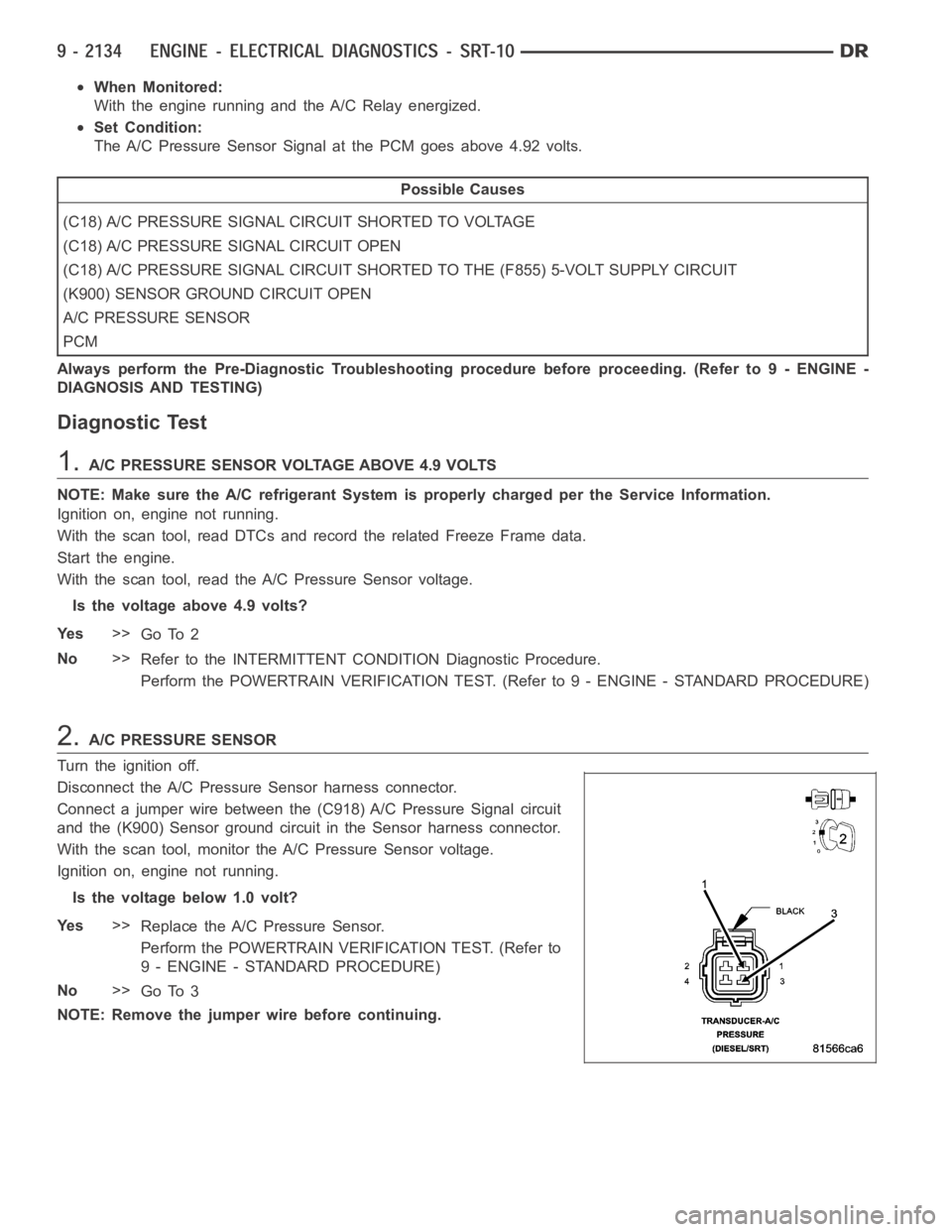 DODGE RAM SRT-10 2006  Service Repair Manual When Monitored:
With the engine running and the A/C Relay energized.
Set Condition:
The A/C Pressure Sensor Signal at the PCM goes above 4.92 volts.
Possible Causes
(C18) A/C PRESSURE SIGNAL CIRCUIT S