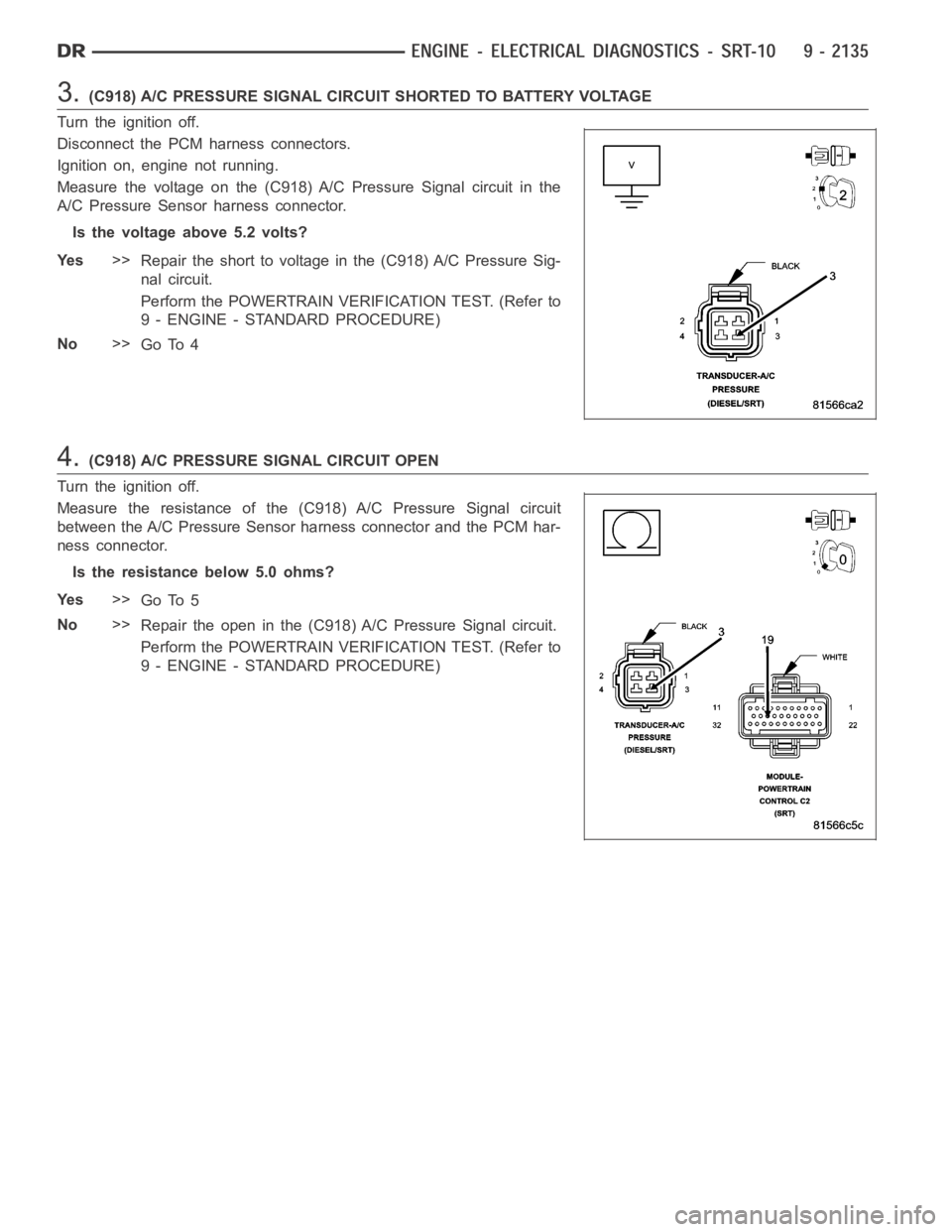 DODGE RAM SRT-10 2006  Service Repair Manual 3.(C918) A/C PRESSURE SIGNAL CIRCUIT SHORTED TO BATTERY VOLTAGE
Turn the ignition off.
Disconnect the PCM harness connectors.
Ignition on, engine not running.
Measure the voltage on the (C918) A/C Pre