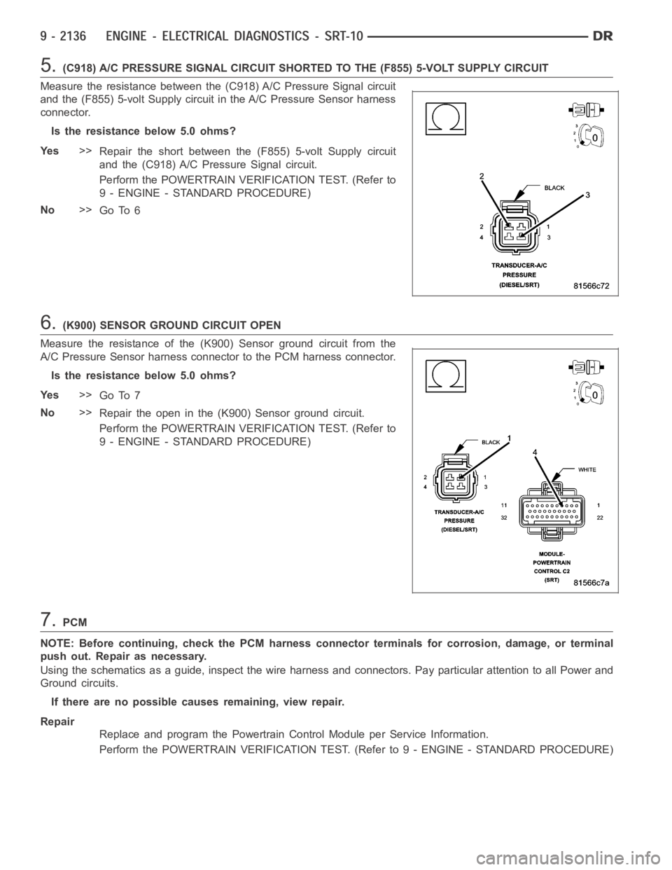 DODGE RAM SRT-10 2006  Service Repair Manual 5.(C918) A/C PRESSURE SIGNAL CIRCUIT SHORTED TO THE (F855) 5-VOLT SUPPLY CIRCUIT
Measure the resistance between the (C918) A/C Pressure Signal circuit
and the (F855) 5-volt Supply circuit in the A/C P