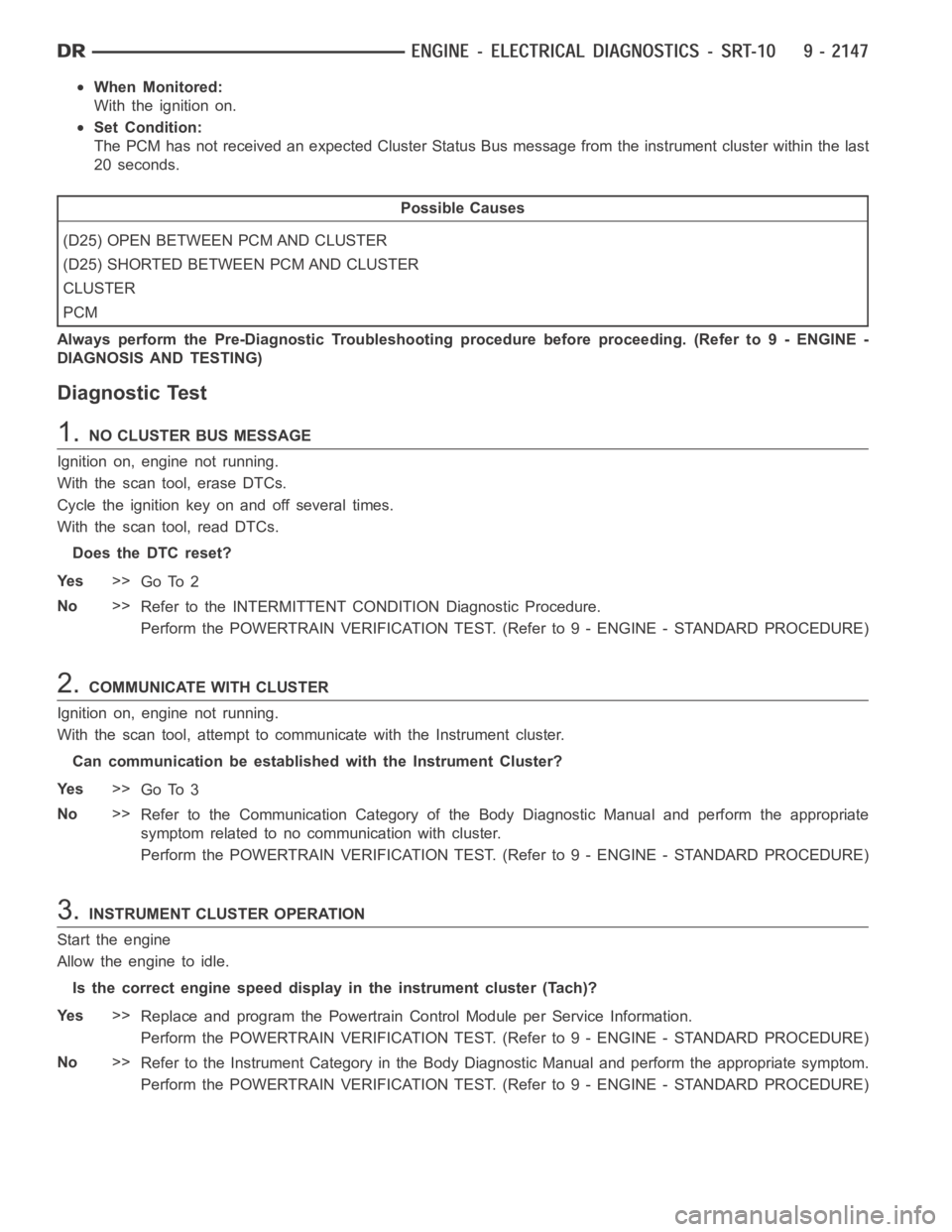 DODGE RAM SRT-10 2006  Service Repair Manual When Monitored:
With the ignition on.
Set Condition:
The PCM has not received an expected Cluster Status Bus message from the instrument cluster within the last
20 seconds.
Possible Causes
(D25) OPEN 