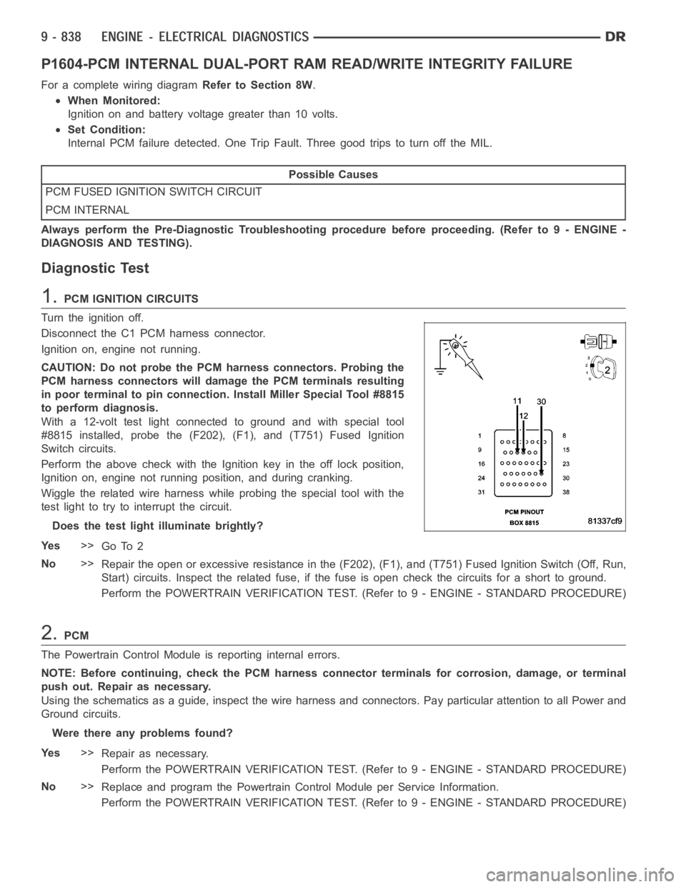DODGE RAM SRT-10 2006  Service Repair Manual P1604-PCM INTERNAL DUAL-PORT RAM READ/WRITE INTEGRITY FAILURE
For a complete wiring diagramRefer to Section 8W.
When Monitored:
Ignition on and battery voltage greater than 10 volts.
Set Condition:
In