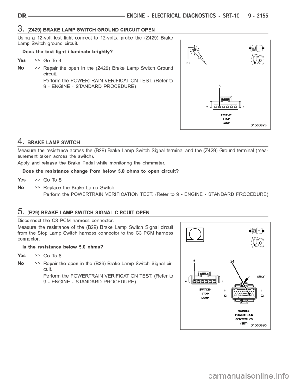 DODGE RAM SRT-10 2006  Service Repair Manual 3.(Z429) BRAKE LAMP SWITCH GROUND CIRCUIT OPEN
Using a 12-volt test light connect to 12-volts, probe the (Z429) Brake
Lamp Switch ground circuit.
Does the test light illuminate brightly?
Ye s>>
Go To 