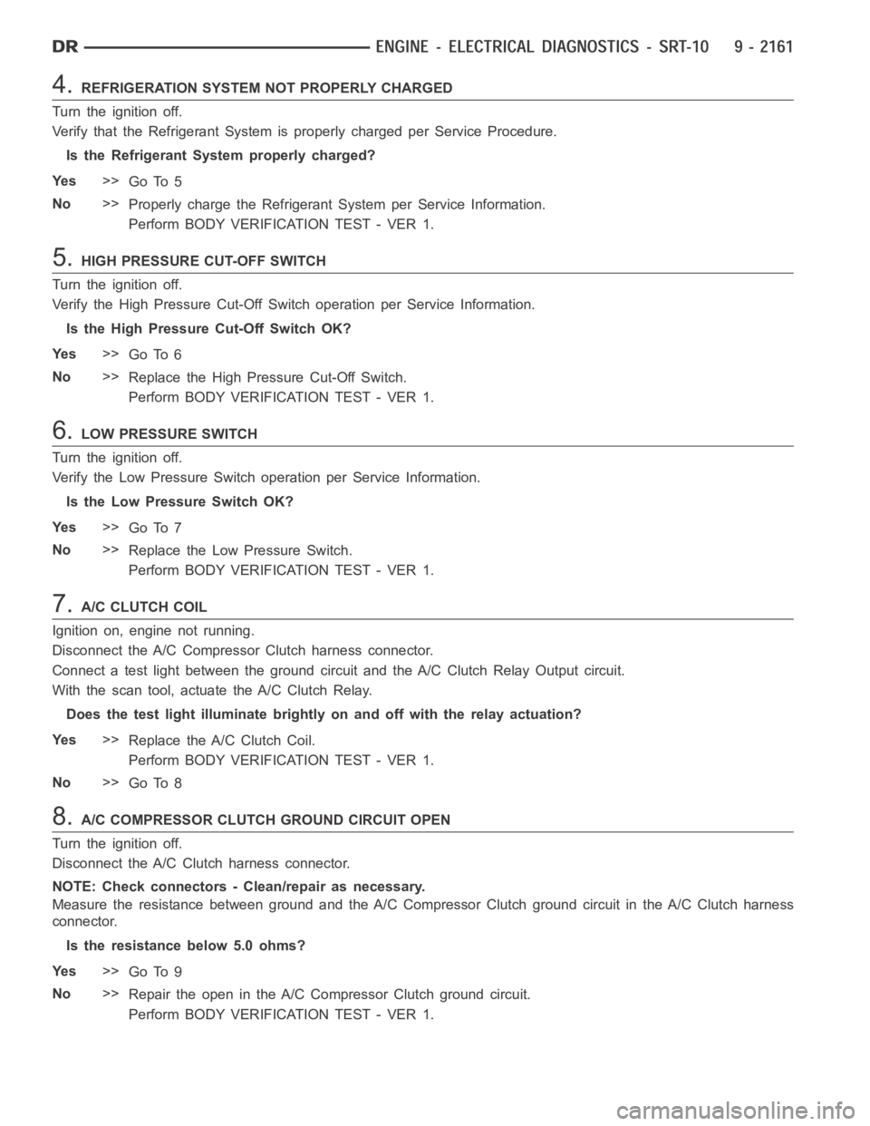 DODGE RAM SRT-10 2006 Service Repair Manual 4.REFRIGERATION SYSTEM NOT PROPERLY CHARGED
Turn the ignition off.
Verify that the Refrigerant System is properly charged per Service Procedure.
Is the Refrigerant System properly charged?
Ye s>>
Go T DODGE RAM SRT-10 2006 Service Repair Manual 4.REFRIGERATION SYSTEM NOT PROPERLY CHARGED
Turn the ignition off.
Verify that the Refrigerant System is properly charged per Service Procedure.
Is the Refrigerant System properly charged?
Ye s>>
Go T