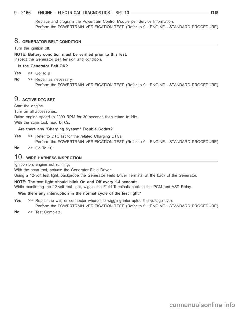 DODGE RAM SRT-10 2006 Service Repair Manual Replace and program the Powertrain Control Module per Service Information.
Perform the POWERTRAIN VERIFICATION TEST. (Refer to 9 - ENGINE - STANDARD PROCEDURE)
8.GENERATOR BELT CONDITION
Turn the igni DODGE RAM SRT-10 2006 Service Repair Manual Replace and program the Powertrain Control Module per Service Information.
Perform the POWERTRAIN VERIFICATION TEST. (Refer to 9 - ENGINE - STANDARD PROCEDURE)
8.GENERATOR BELT CONDITION
Turn the igni