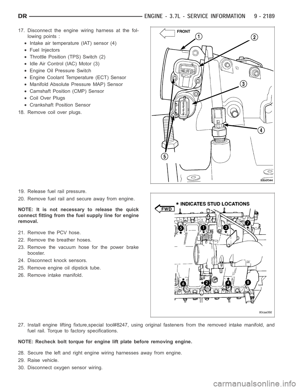 DODGE RAM SRT-10 2006 Service Repair Manual 17. Disconnect the engine wiring harness at the fol-
lowing points :
Intake air temperature (IAT) sensor (4)
Fuel Injectors
Throttle Position (TPS) Switch (2)
Idle Air Control (IAC) Motor (3)
Engine O DODGE RAM SRT-10 2006 Service Repair Manual 17. Disconnect the engine wiring harness at the fol-
lowing points :
Intake air temperature (IAT) sensor (4)
Fuel Injectors
Throttle Position (TPS) Switch (2)
Idle Air Control (IAC) Motor (3)
Engine O