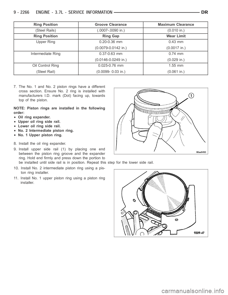 DODGE RAM SRT-10 2006 Service Repair Manual Ring Position Groove Clearance Maximum Clearance
(Steel Rails) (.0007-.0090 in.) (0.010 in.)
Ring Position Ring Gap Wear Limit
Upper Ring 0.20-0.36 mm 0.43 mm
(0.0079-0.0142 in.) (0.0017 in.)
Intermed DODGE RAM SRT-10 2006 Service Repair Manual Ring Position Groove Clearance Maximum Clearance
(Steel Rails) (.0007-.0090 in.) (0.010 in.)
Ring Position Ring Gap Wear Limit
Upper Ring 0.20-0.36 mm 0.43 mm
(0.0079-0.0142 in.) (0.0017 in.)
Intermed