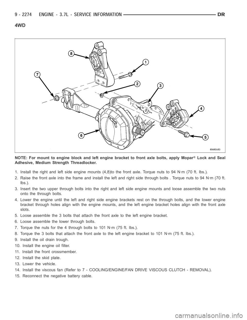 DODGE RAM SRT-10 2006 Service Repair Manual 4WD
NOTE: For mount to engine block and left engine bracket to front axle bolts,apply MoparLock and Seal
Adhesive, Medium Strength Threadlocker.
1. Install the right and left side engine mounts (4,8)t DODGE RAM SRT-10 2006 Service Repair Manual 4WD
NOTE: For mount to engine block and left engine bracket to front axle bolts,apply MoparLock and Seal
Adhesive, Medium Strength Threadlocker.
1. Install the right and left side engine mounts (4,8)t