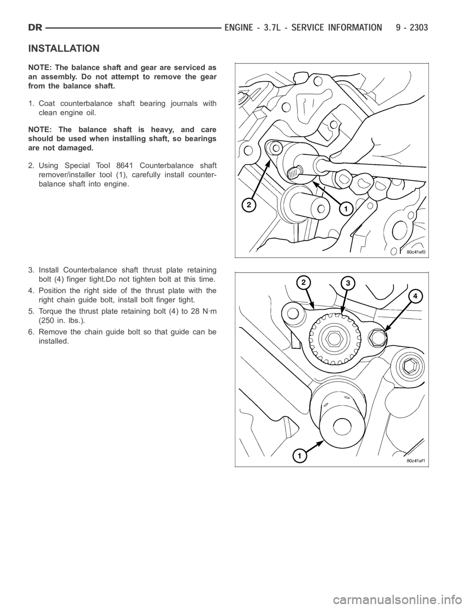 DODGE RAM SRT-10 2006  Service Repair Manual INSTALLATION
NOTE: The balance shaft and gear are serviced as
an assembly. Do not attempt to remove the gear
from the balance shaft.
1. Coat counterbalance shaft bearing journals with
clean engine oil
