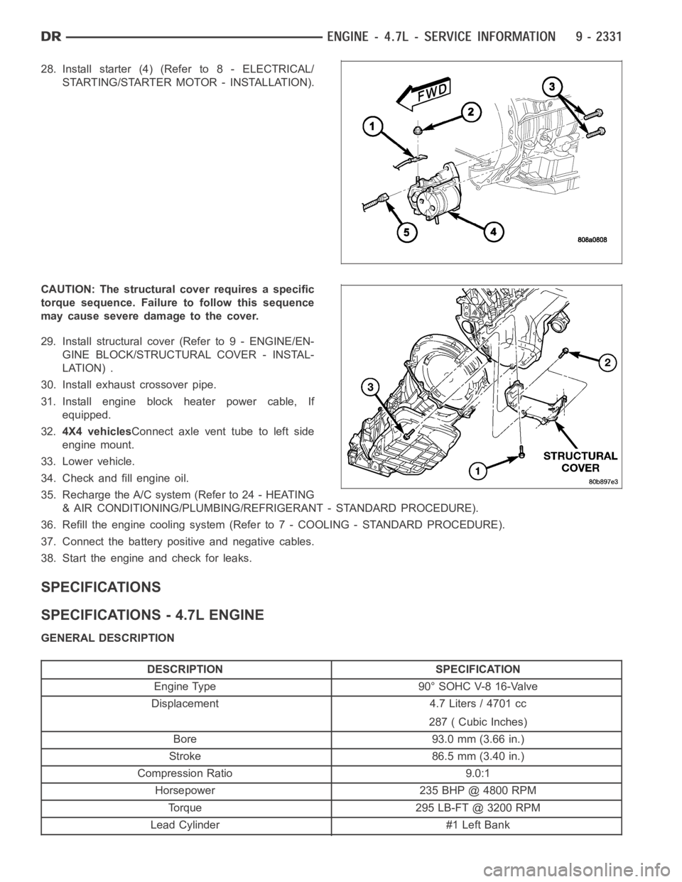 DODGE RAM SRT-10 2006  Service Repair Manual 28. Install starter (4) (Refer to 8 - ELECTRICAL/
STARTING/STARTER MOTOR - INSTALLATION).
CAUTION: The structural cover requires a specific
torque sequence. Failure to follow this sequence
may cause s